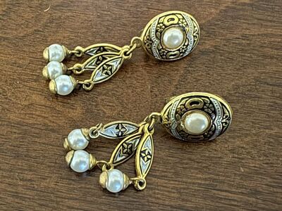 Vintage Damascene Clip-On Earrings W/ Faux Pearls