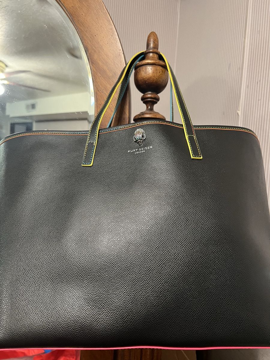 Kurt Geiger London Black Leather Kensington Rainbow Trim Tote Bag Handbag