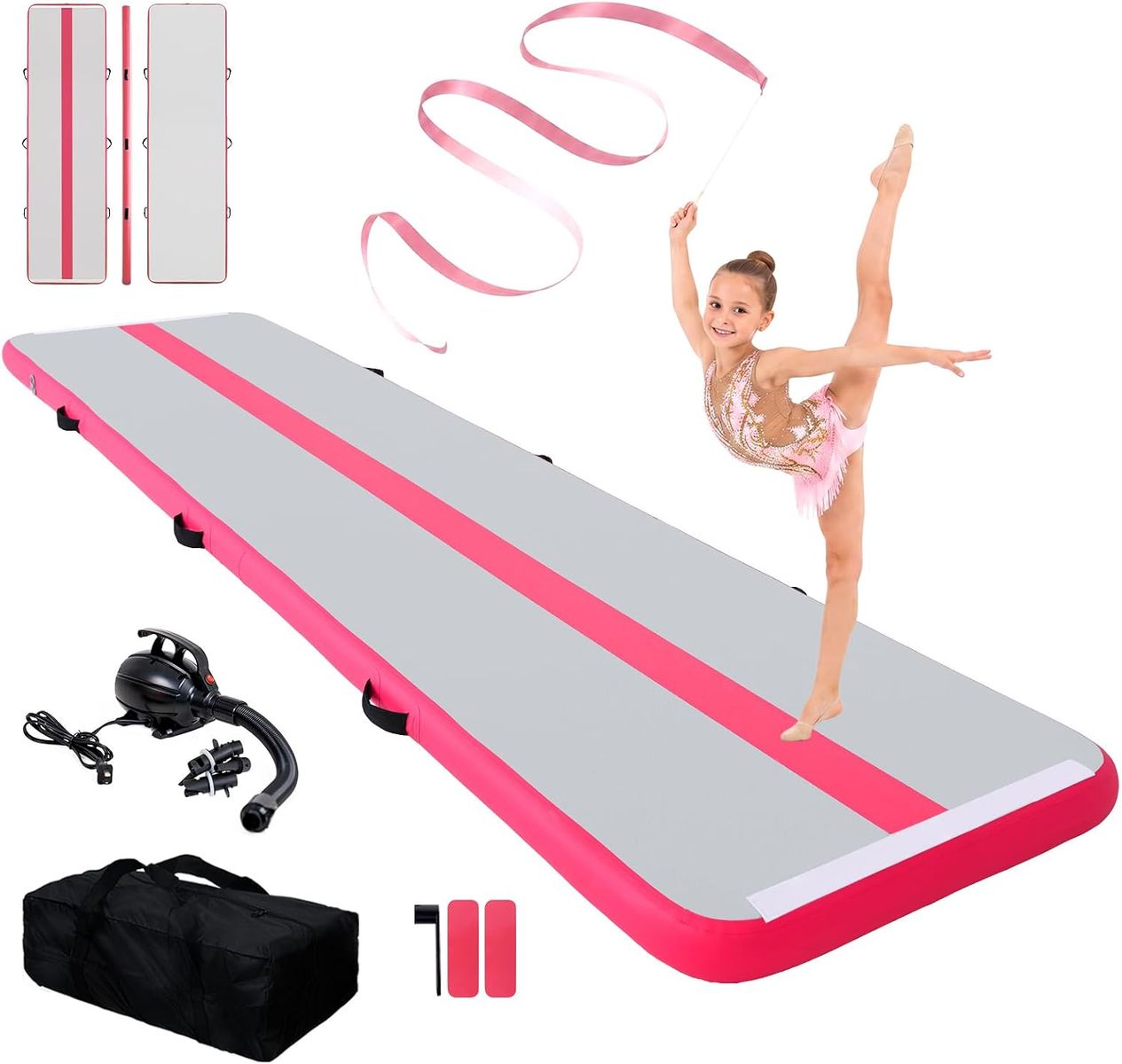 Inflatable Gymnastics Air Track Tumbling Mat Pink and Grey 13ft and 4 inch height