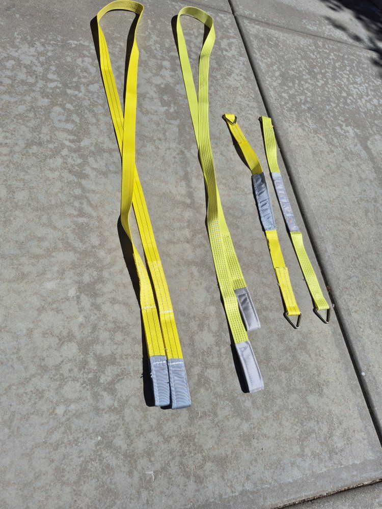 Yellow Flat Polyester Webbing Sling Heavy Duty Tow Strap Recovery Lifting Straps (4-Piece Set)2-12' 2- 42" with steel end rings