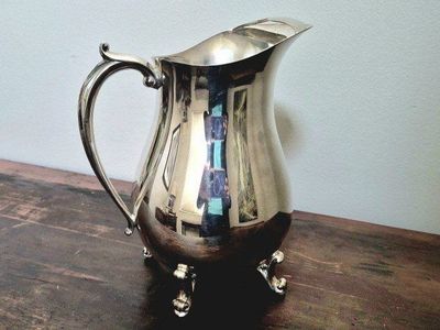 Vintage Silver Plated Water Pitcher Creamer with Handle, Footed Design, Decorative Tableware