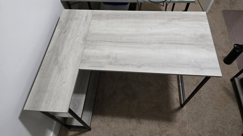 Grey Wood Grain L-Shaped Desks with Shelves