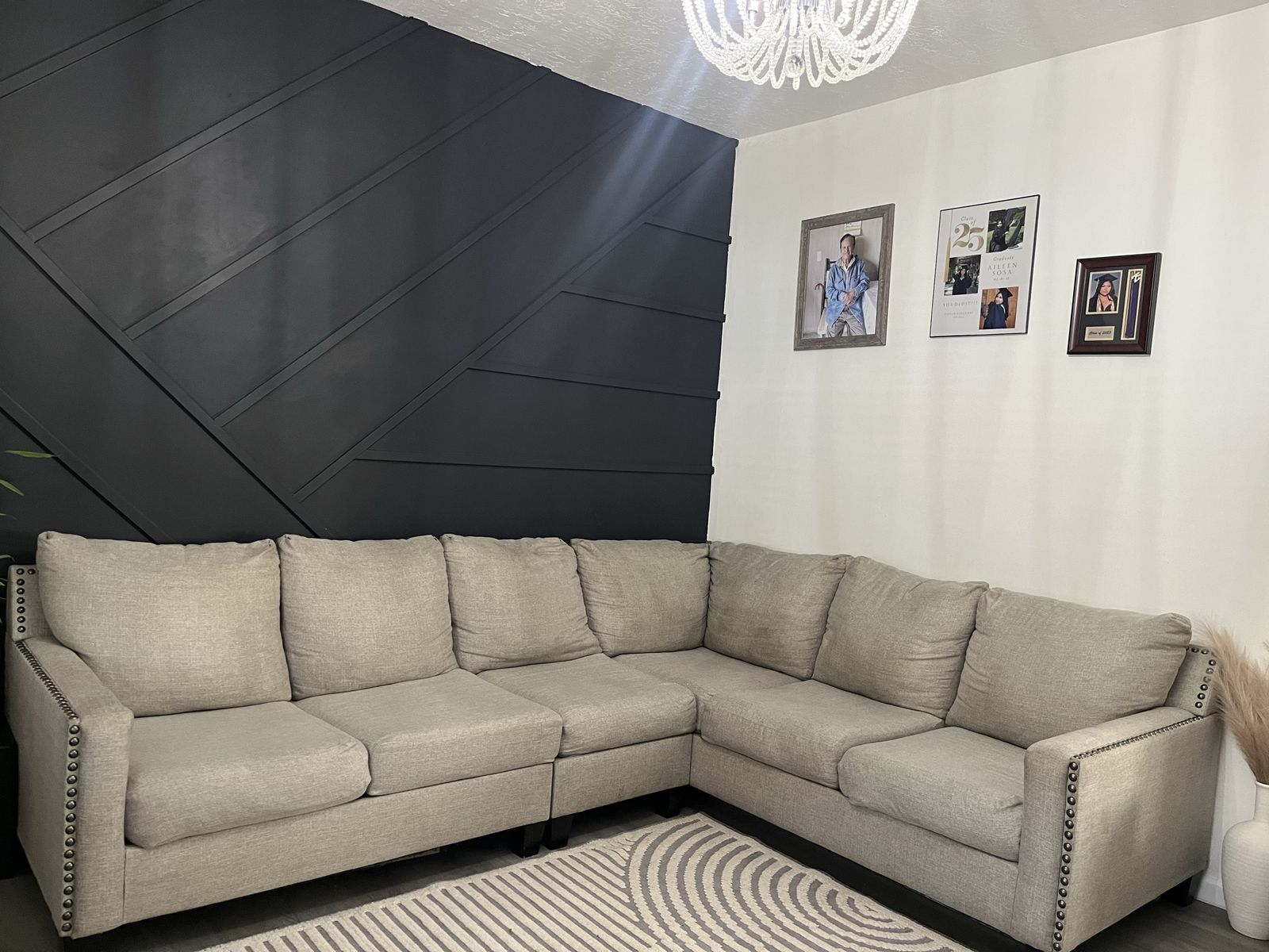 Large Light Gray Sectional Sofa Couch with Nailhead Trim, 6-Seater, Excellent Condition