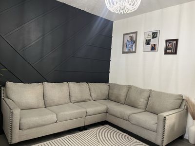 Large Light Gray Sectional Sofa Couch with Nailhead Trim, 6-Seater, Excellent Condition