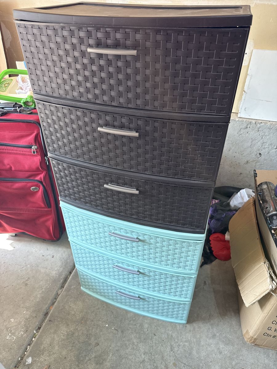 2 3-Drawer Plastic Wicker Style Storage Chest - Black & Aqua Dresser Organizer