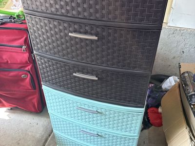2 3-Drawer Plastic Wicker Style Storage Chest - Black & Aqua Dresser Organizer