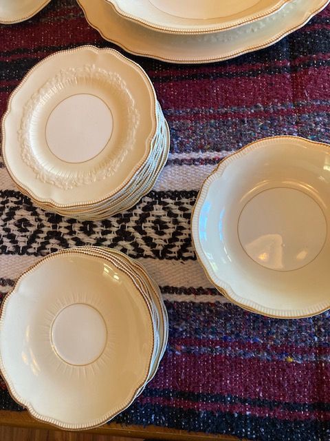 Vintage 1920's Old Staffordshire Embossed Cream and White China Set for 12