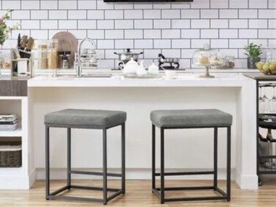 2 Counter Stools Wood/Upholstered/Metal in Gray,