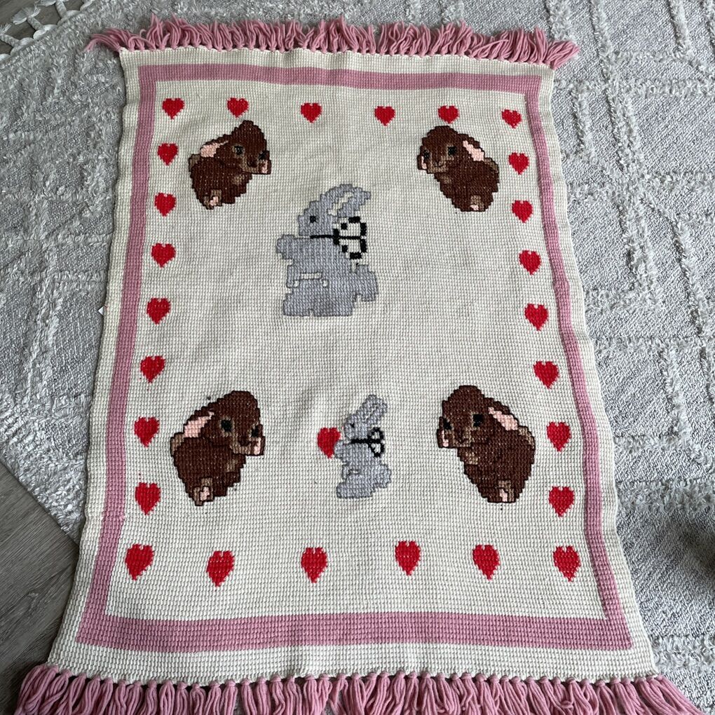 Afghan Blanket Throw Hand crochet Bunnies Vintage