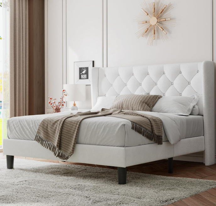 Feonase Queen Size Bed Frame with Diamond Tufted Wingback Headboard, Upholstered Platform Bed, Sturdy Wooden Slats Support