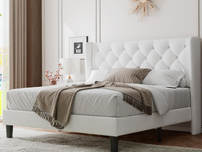 Feonase Queen Size Bed Frame with Diamond Tufted Wingback Headboard, Upholstered Platform Bed, Sturdy Wooden Slats Support