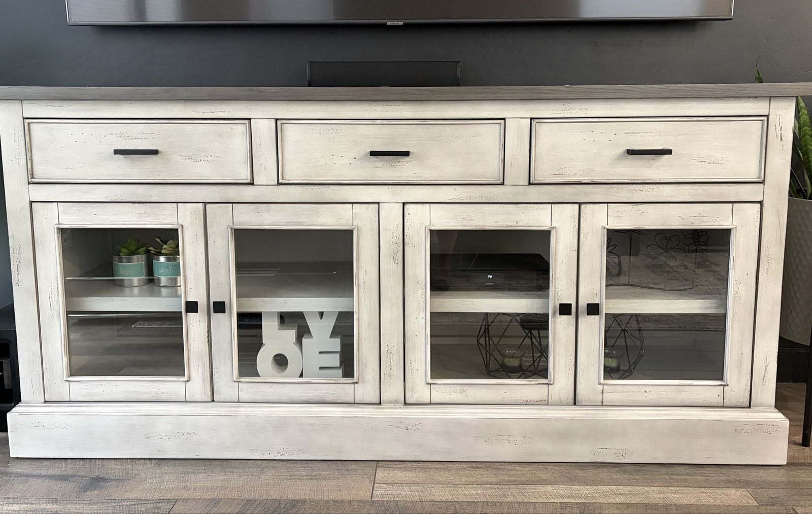 72 inch Distressed White TV Stand with Glass Doors and Drawers
