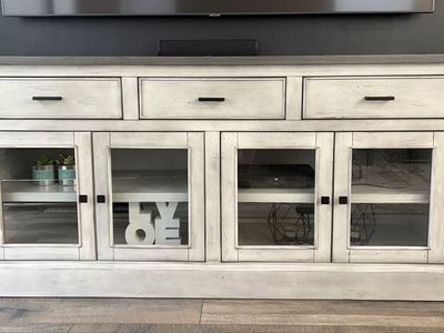 72 inch Distressed White TV Stand with Glass Doors and Drawers