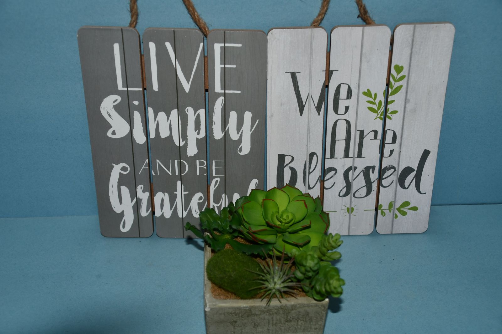 2 WOODEN SIGNS "LIVE SIMPLY" & "WE ARE BLESSED" + ARTIFICIAL SUCCULENT PLANT ~ ALL FOR $5