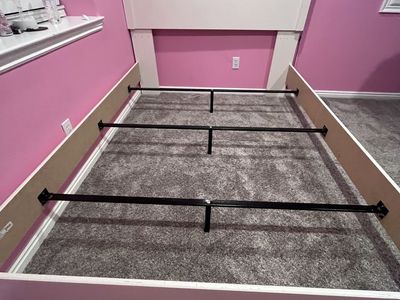 White Wood Queen Bed Frame with Headboard and Metal Slats - Excellent Condition