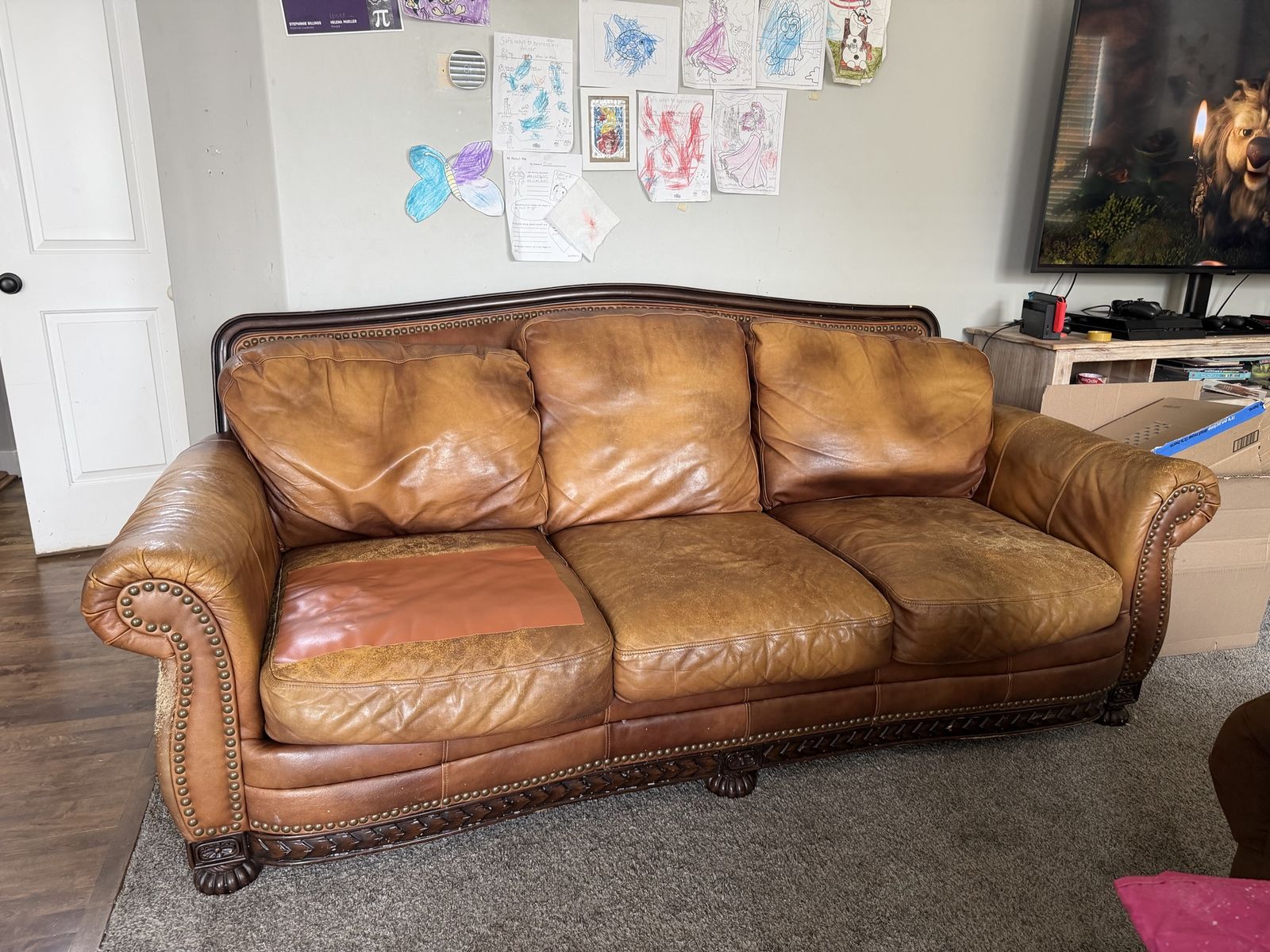 Brown Distressed Leather Sofa and Loveseat Set with Nailhead Trim