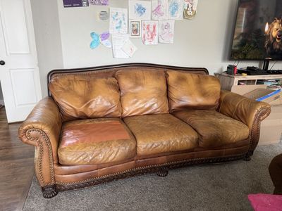 Brown Distressed Leather Sofa and Loveseat Set with Nailhead Trim