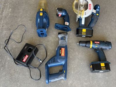 Ryobi cordless circular saw, reciprocating saw, drill-driver, hand vac, flashlight, plus charger
