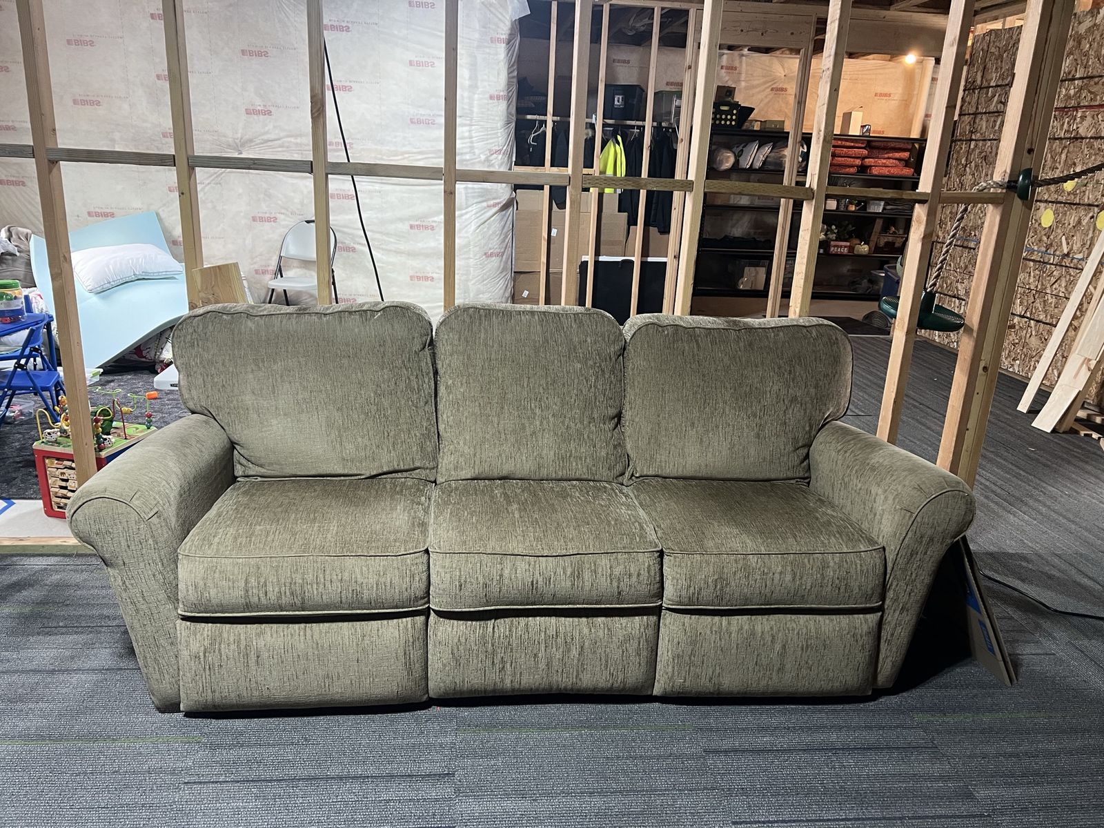 Reclining Sofa Couch 3-Seater Recliner Gray/Green Fabric