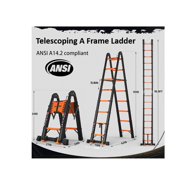 Heavy Duty Telescoping Aluminum Extension A Frame Step Ladder Adjustable 34" 9' 16.5'