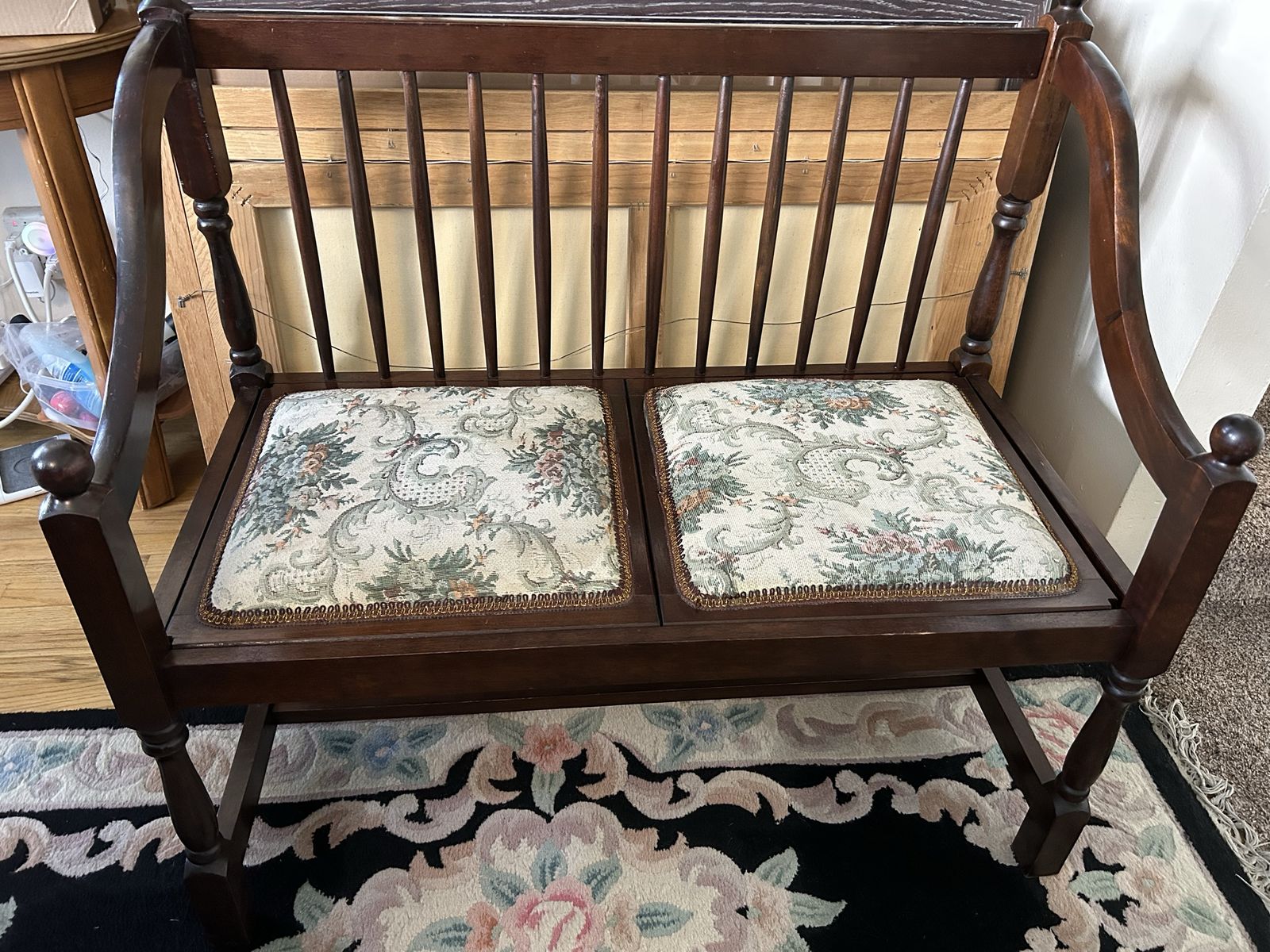 Vintage Slat Spindle Back Mahogany Wood Settee