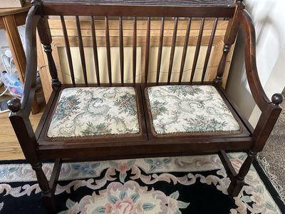 Vintage Slat Spindle Back Mahogany Wood Settee