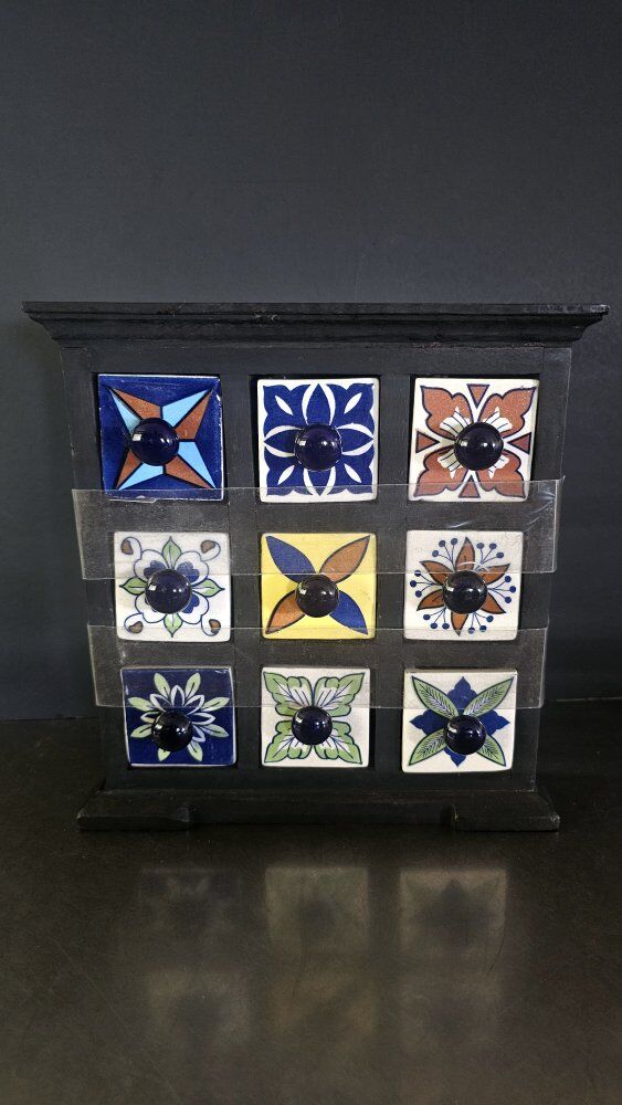NEW, VNTG (NOS) 9 DRAWER TEA/JEWELRY WOOD/CERAMIC