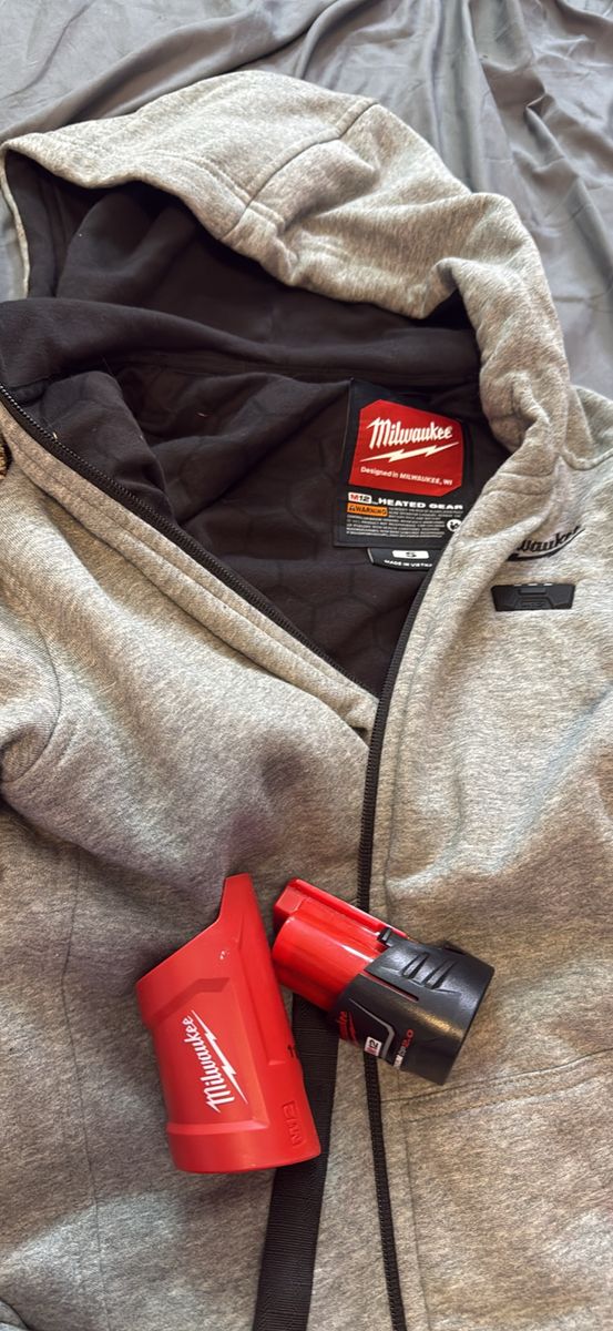Milwaukee M12 Heated Hoodie Jacket Grey Size Small with Battery & Holder