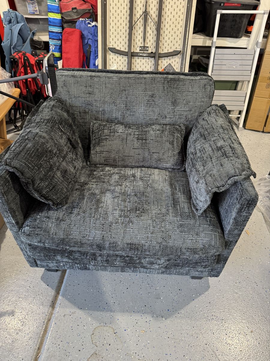 Grey Textured Upholstered Armchair with, phone holder, power port and Accent Pillows