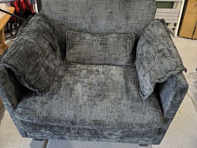 Grey Textured Upholstered Armchair with, phone holder, power port and Accent Pillows