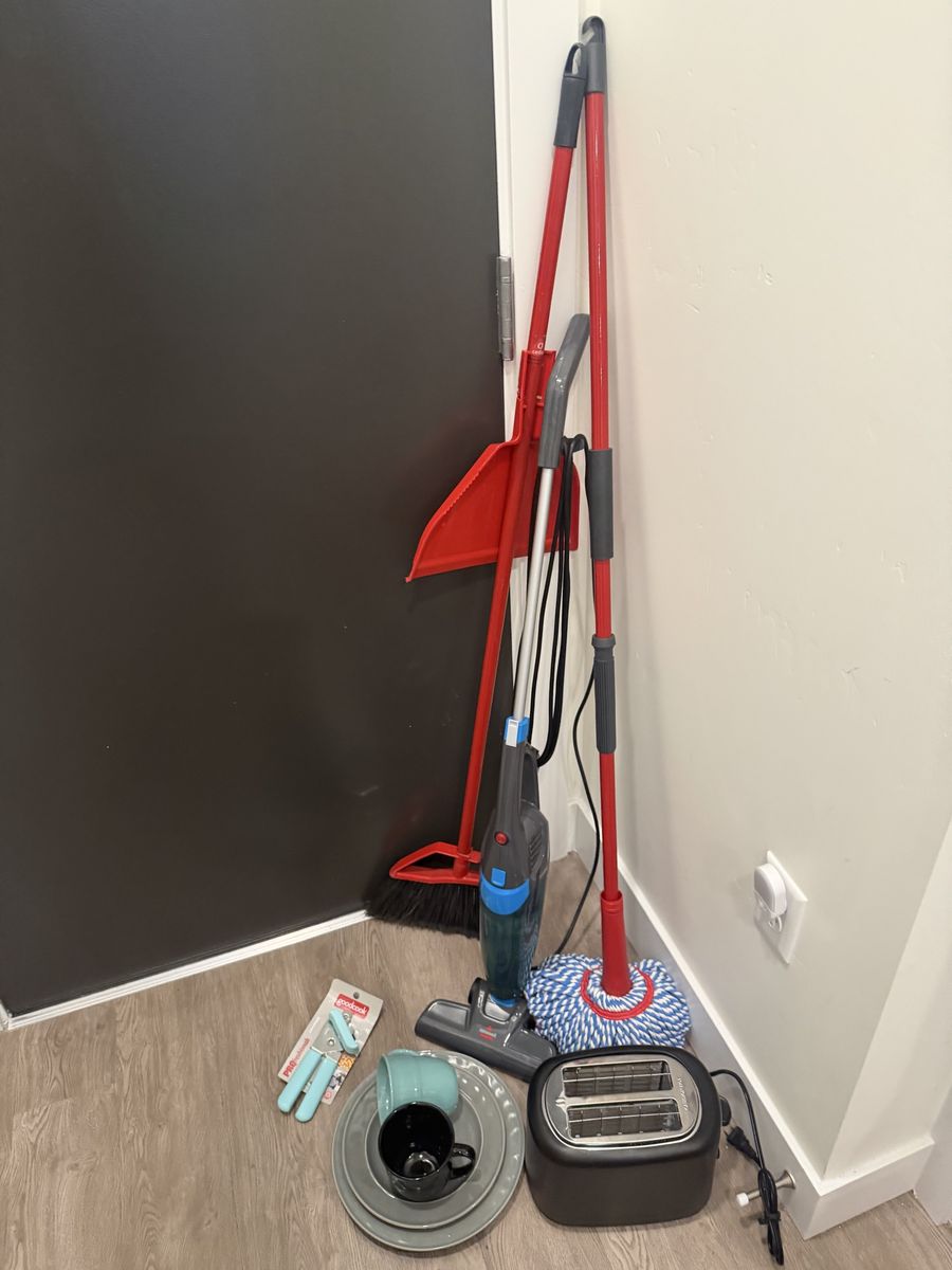 MultipleItems  Bundle - Bissell Stick Vacuum, Toaster, Mop, Broom, Dishes & Kitchen Utensils / Coke mini fridge/ 2 Cooolers