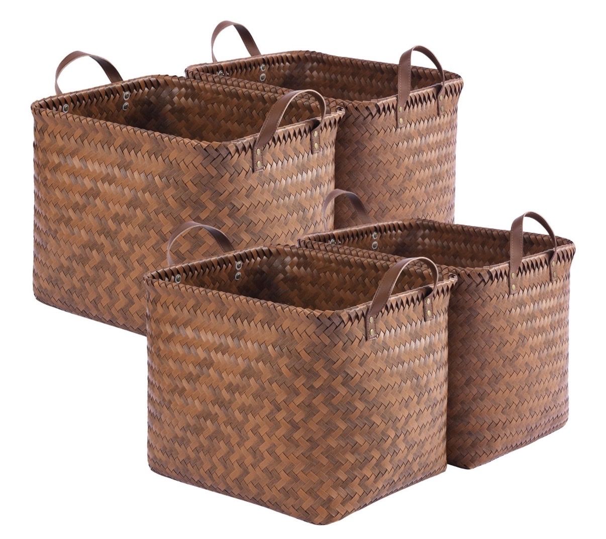 4-Pack Woven Storage Baskets with Leather Handles - 15"x13"x13" (41L) Decorative Organizing Bins