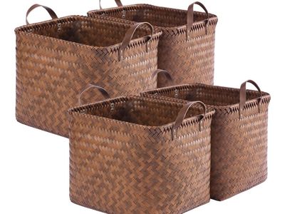 4-Pack Woven Storage Baskets with Leather Handles - 15"x13"x13" (41L) Decorative Organizing Bins