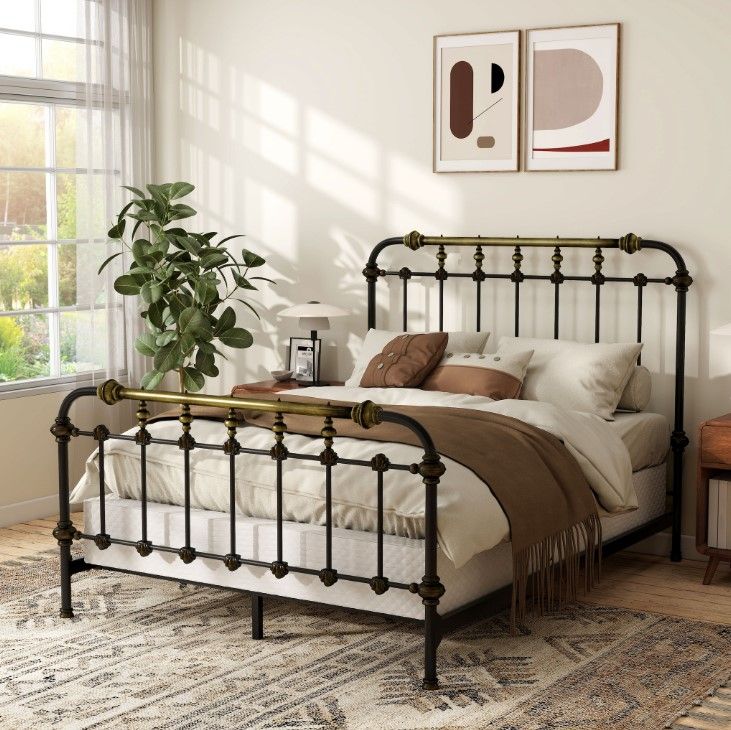 Queen Vintage Industrial Metal Platform Bed Frame with Brass Accents