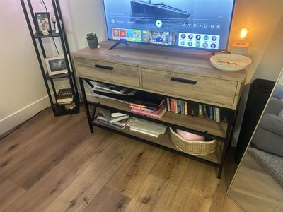 Industrial Wood Look Console Table TV Stand with 2 Drawers & Open Shelves