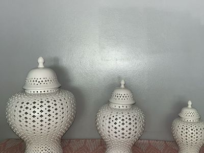 Handmade Lattice Ginger Decorative Jars - Set of 3 (L, M, S) - White Ceramic Vases with Lids