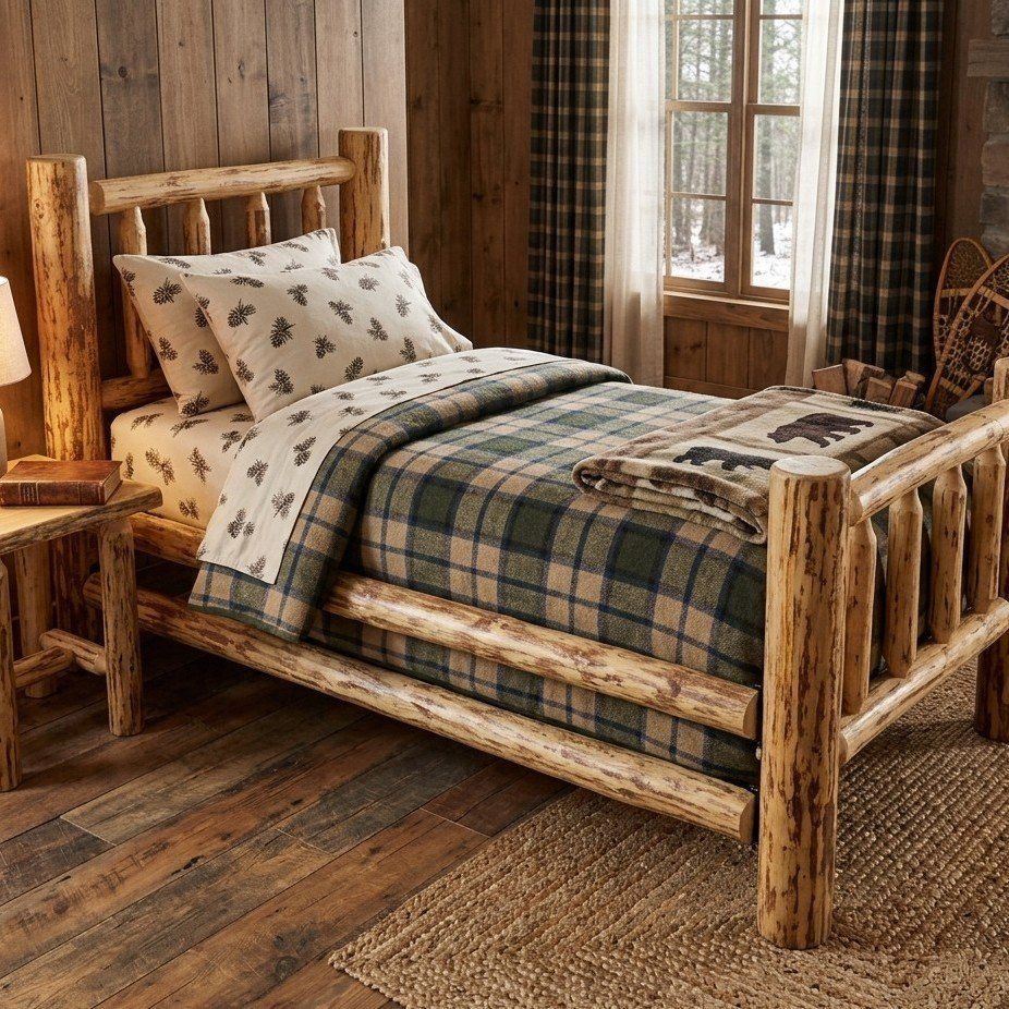 Rustic Solid Pine Log Wood Twin Bed