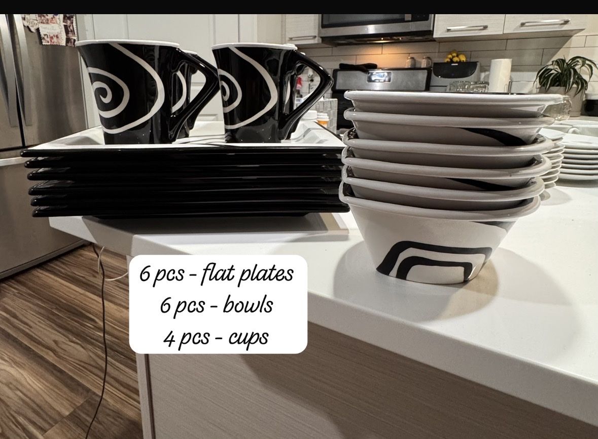Black and White Swirl Pattern Dinnerware Set - 6 Plates, 6 Bowls, 4 Cups