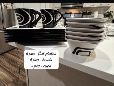 Black and White Swirl Pattern Dinnerware Set - 6 Plates, 6 Bowls, 4 Cups