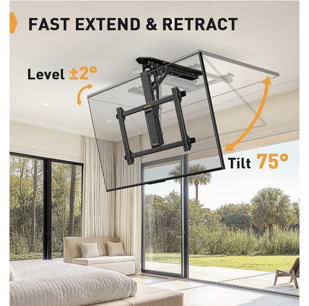 Perlegear Motorized Drop-Down Ceiling TV Mount — 32”–70”, NEW in box 88 lbs rated 