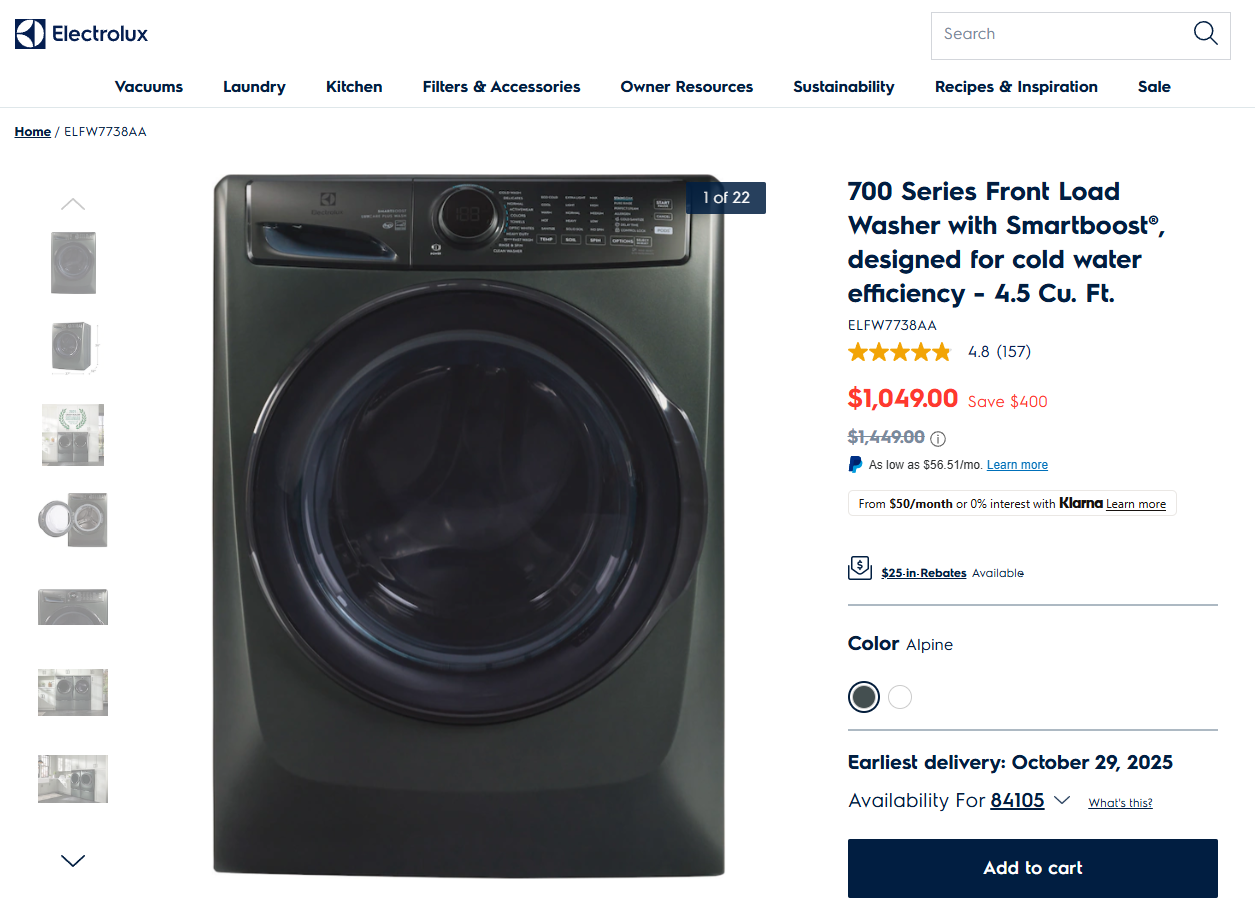 Electrolux 700 Series Front Load Washer with Smartboost®, designed for cold water efficiency - 4.5 Cu. Ft.