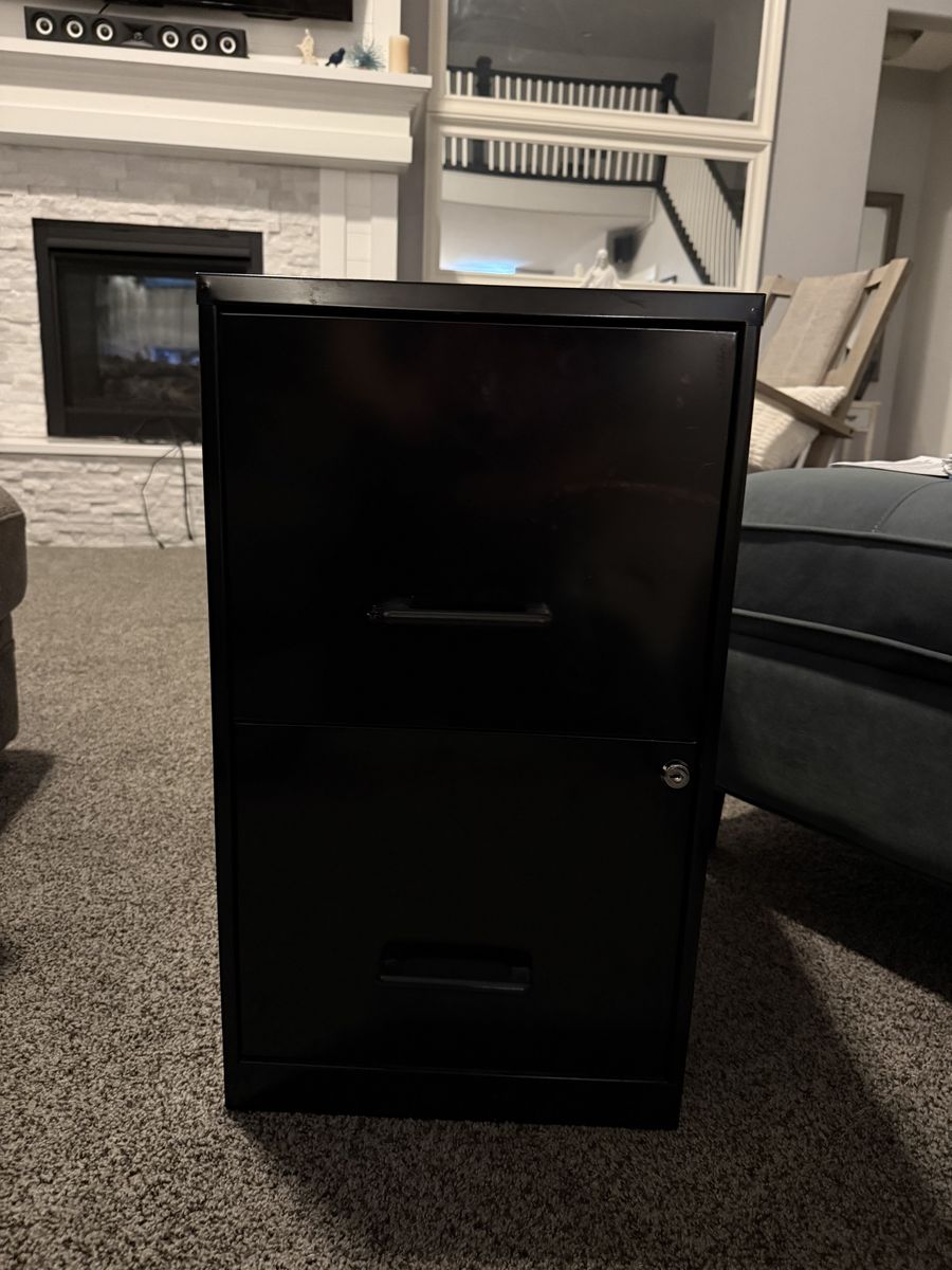 2 drawers black metal filing cabinet.