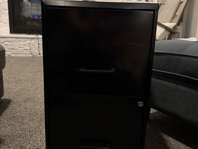 2 drawers black metal filing cabinet.