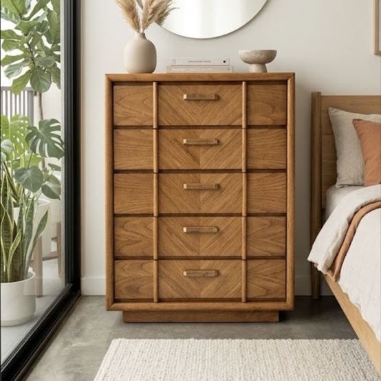 Vintage 5-Drawer Geometric Grain Parquet Oak Facade Dresser Chest of Drawers w/Plinth Base & Sculptural Handles by Lane