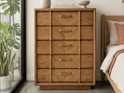 Vintage 5-Drawer Geometric Grain Parquet Oak Facade Dresser Chest of Drawers w/Plinth Base & Sculptural Handles by Lane