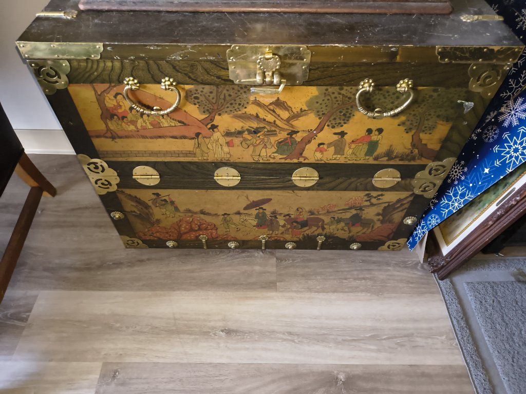 Vintage Asian Decorative Wooden Chest with Painted Panels and Brass Hardware