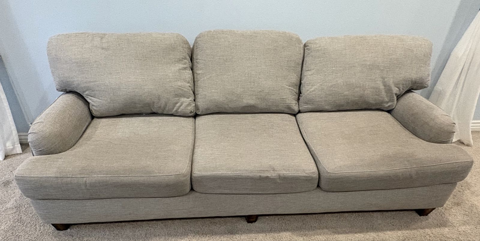 Comfortable Gray Fabric Couch/Sofa with Three Cushions - Good Condition