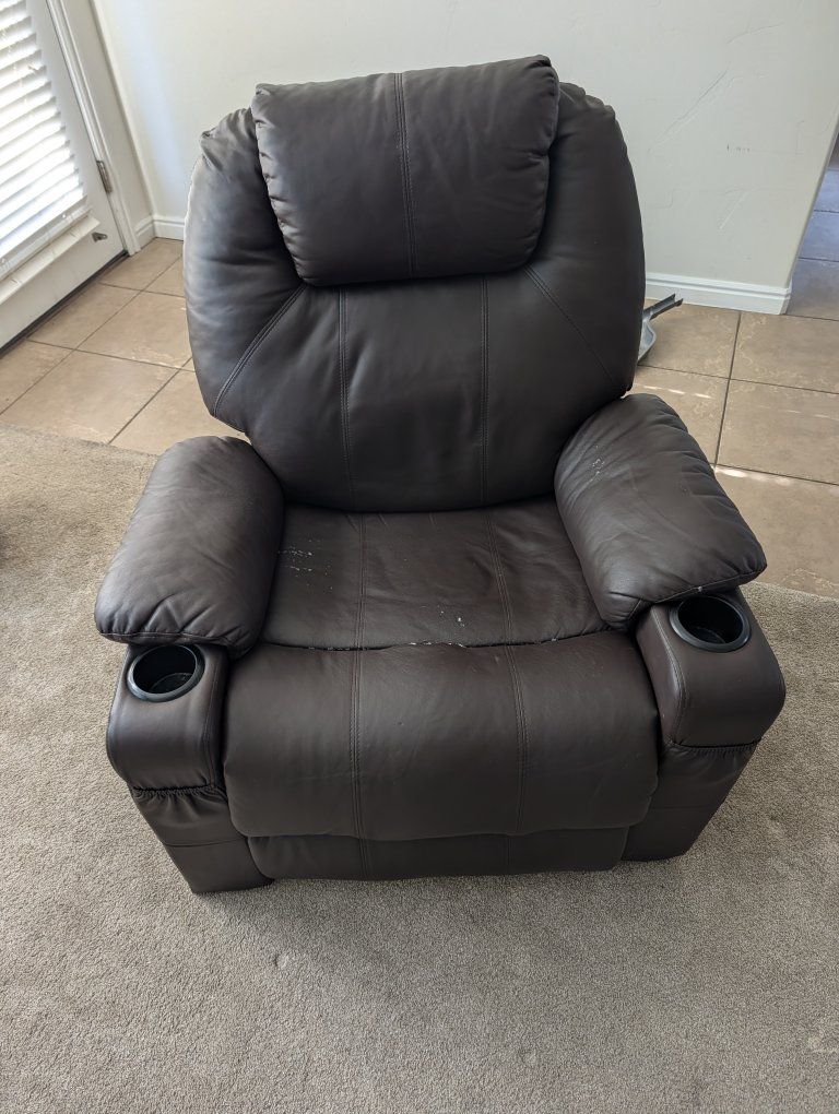 Brown Faux Leather Power Recliner w/ Cupholders - Used, Some Wear