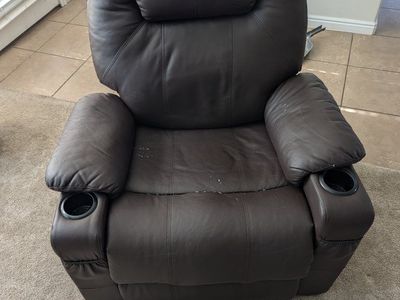 Brown Faux Leather Power Recliner w/ Cupholders - Used, Some Wear