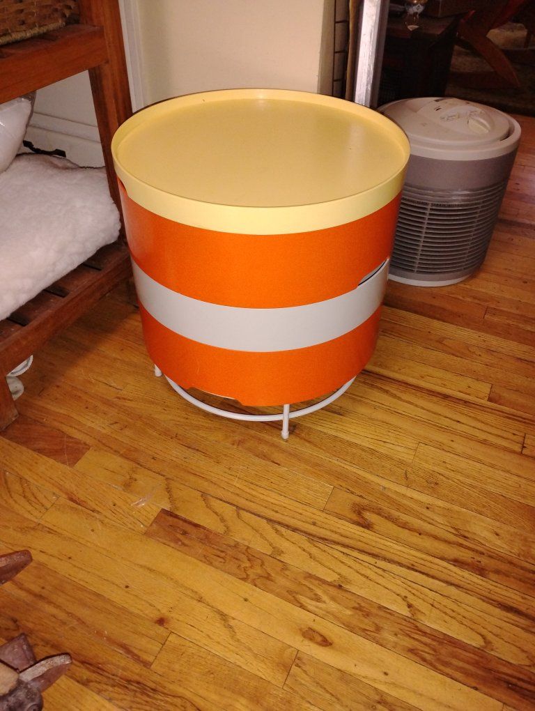 Vintage Mid-Century Modern Round Orange & White Storage Table/Bin with Yellow Lid